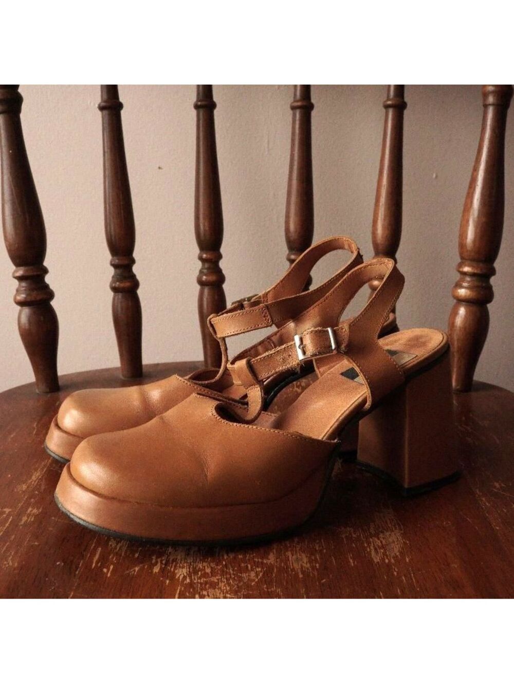 Vintage Brown Leather Slingback Platform Heels